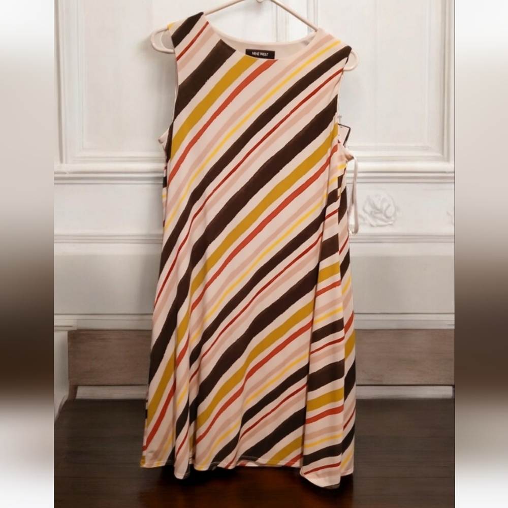Nine West Slip Dress Striped Sleeveless Soft Yellow Brown White Size 10